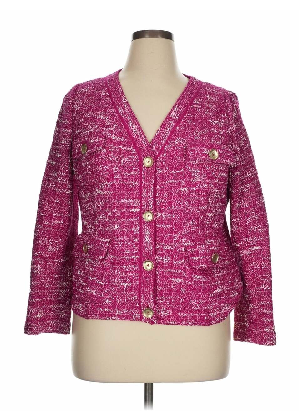 St. John Womens Fuchsia Pink White Tweed V-Neck Knit Sweater Jacket Size 14